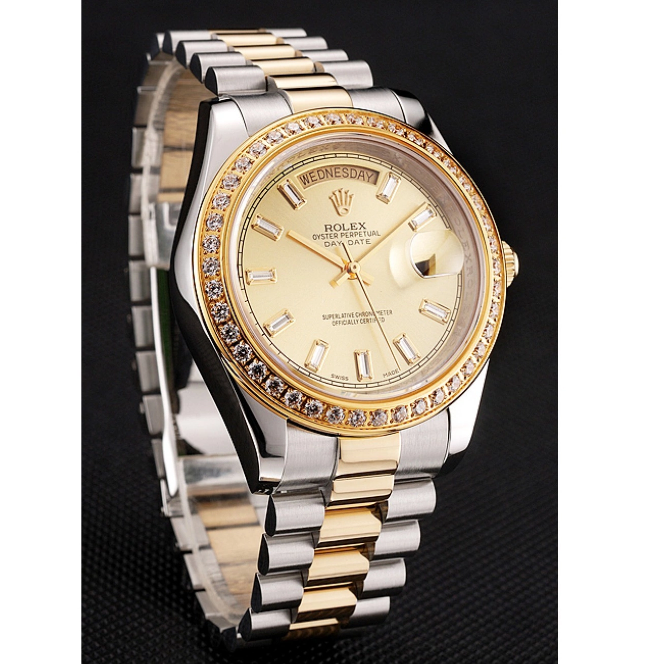 Aaa fake watches Two Tone 1454103 Day-Date Diamond Dial Bracelet Swiss Bezel Rolex Champagne 0712